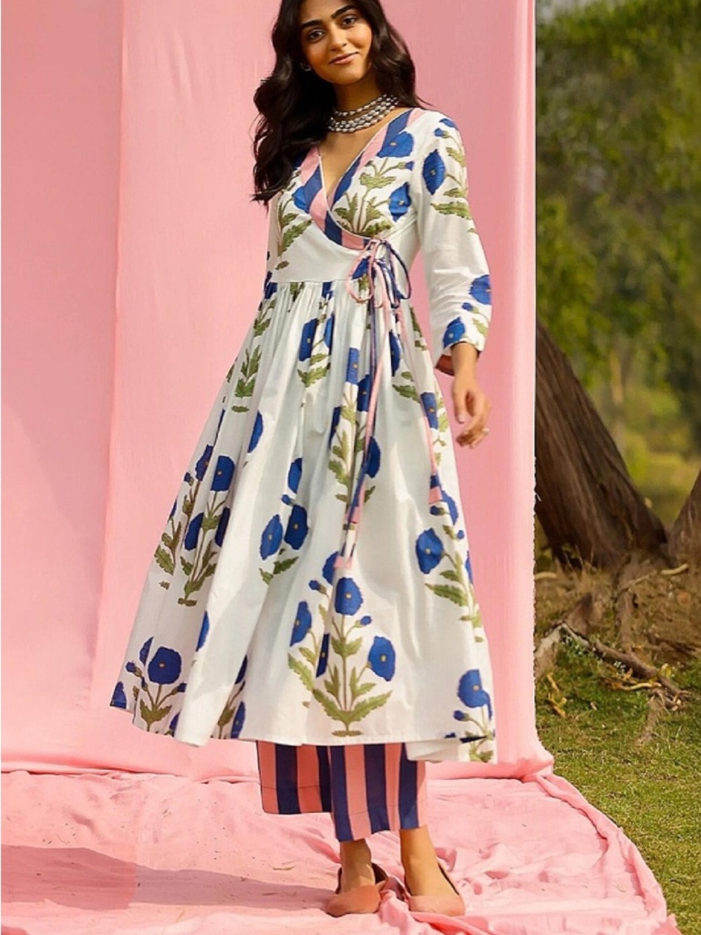 Blue Poppy Print Angrakha Kurta Pant Set: Indo Western Style